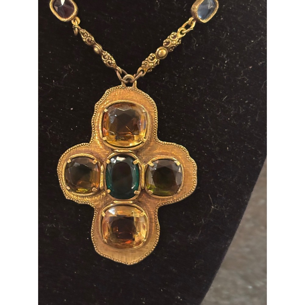 Accessocraft NYC Vintage Byzantine Cross Necklace Gold Tone Multi Jewel VTG
